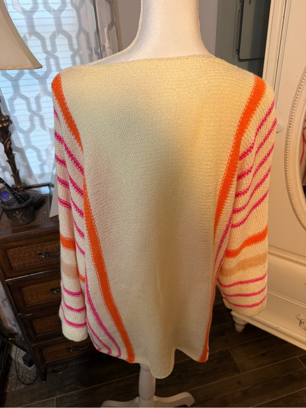 Light Cream Boatneck Sweater with Pink and Orange Stripe Accents - Picture 4 of 4